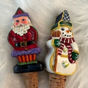 Christmas Holiday Santa Snowman Cork Wine Bottle Stoppers Lot of 2
